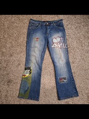 Crest Jeans Y2K Upcycled Hand Painted Betty Boop Wide Leg Flare Jeans 15/16